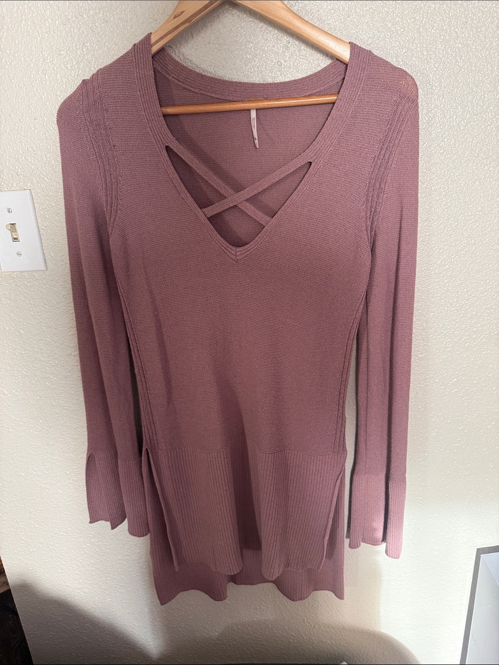 Free People Crisscross V-Neck Long Sleeve Top - Mauve